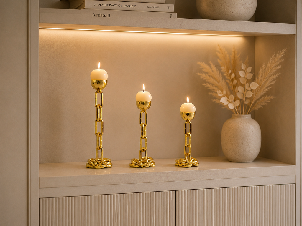 Luxury Gold Chain Candle Holder Set (Set of 3) – Modern Decorative Metal Candlestick Stand