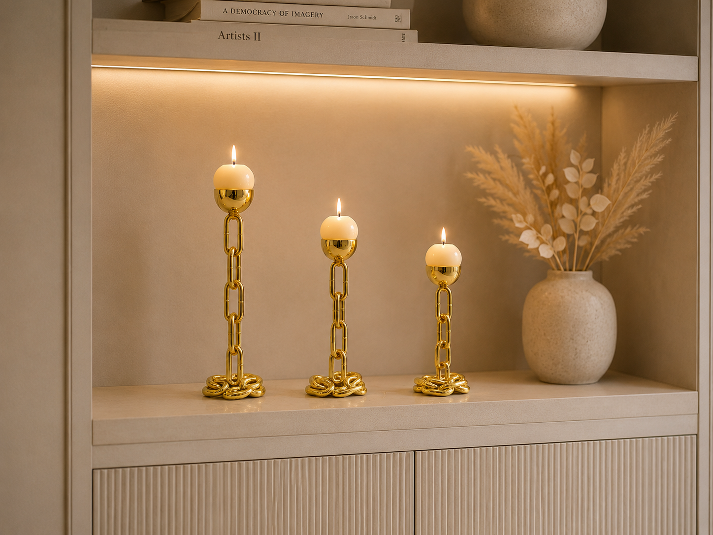 Luxury Gold Chain Candle Holder Set (Set of 3) – Modern Decorative Metal Candlestick Stand