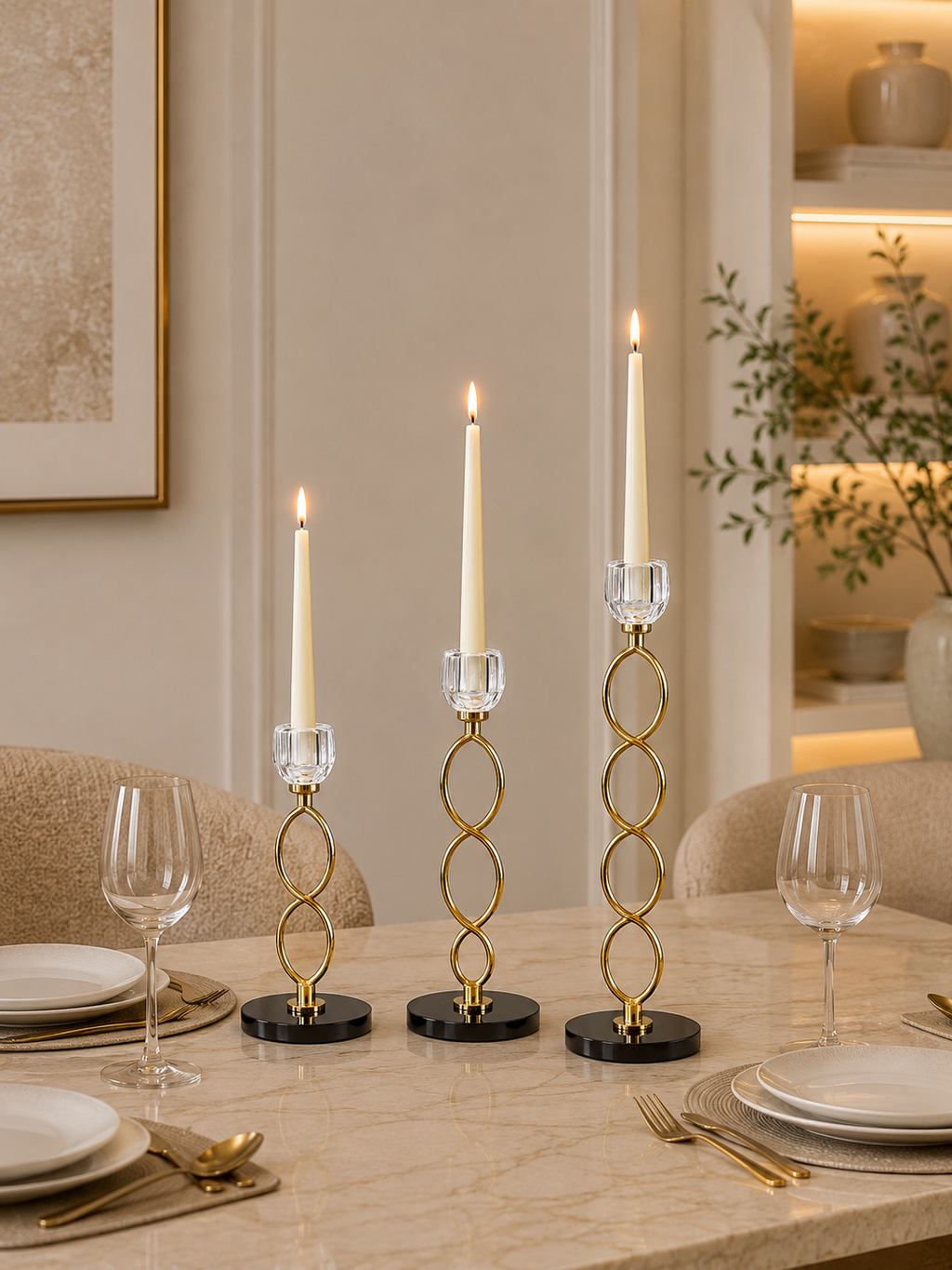 Luxury Gold Crystal Loop Candle Holder Set (Set of 3)