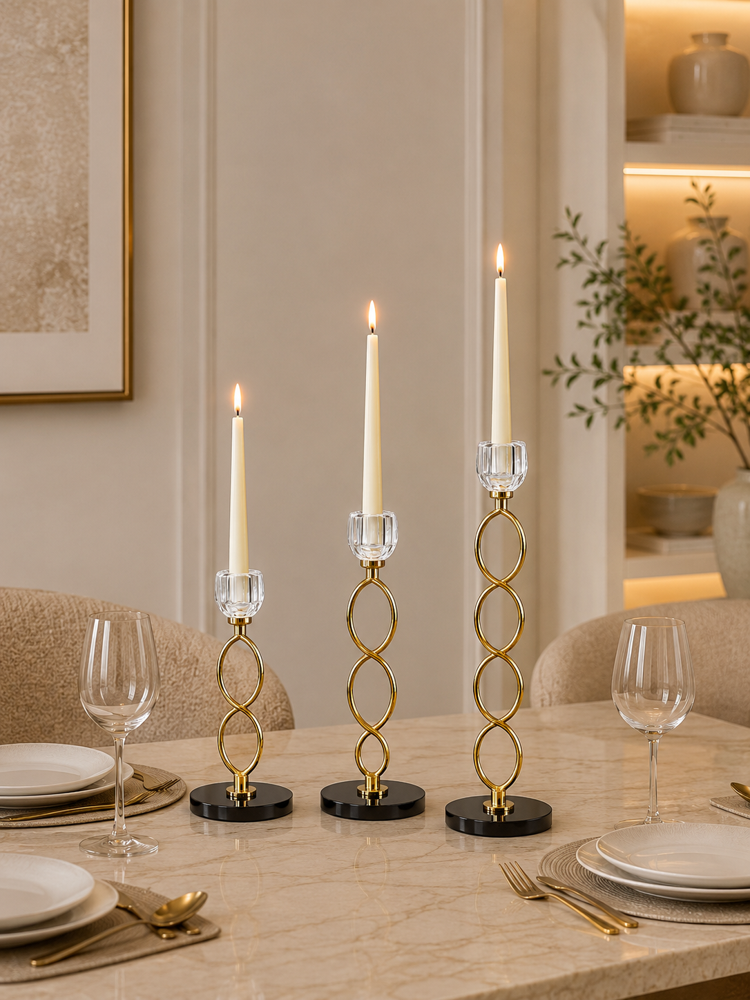 Luxury Gold Crystal Loop Candle Holder Set (Set of 3)