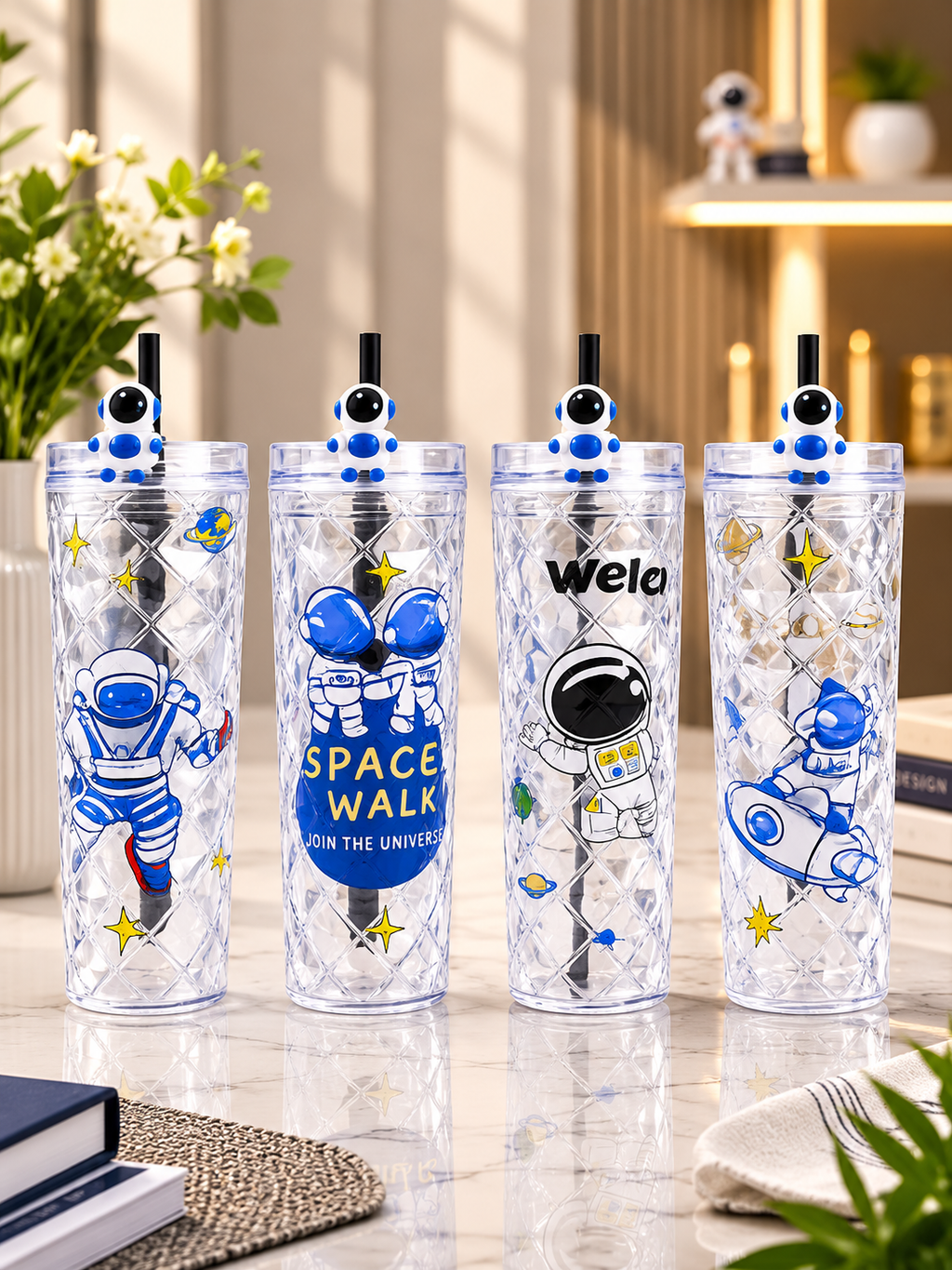 Animated Astronaut Diamond Grid Cup – Insulated Reusable Smoothie Tumbler for Kids & Teens