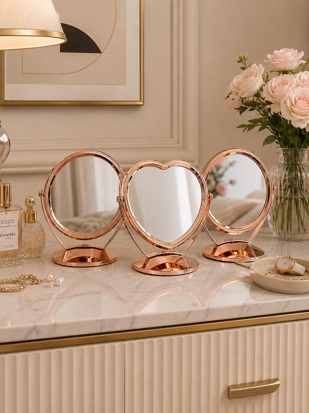 360° Rotating Rose Gold Vanity Mirror – Round / Heart / Round Variant – Makeup & Dressing Table Mirror