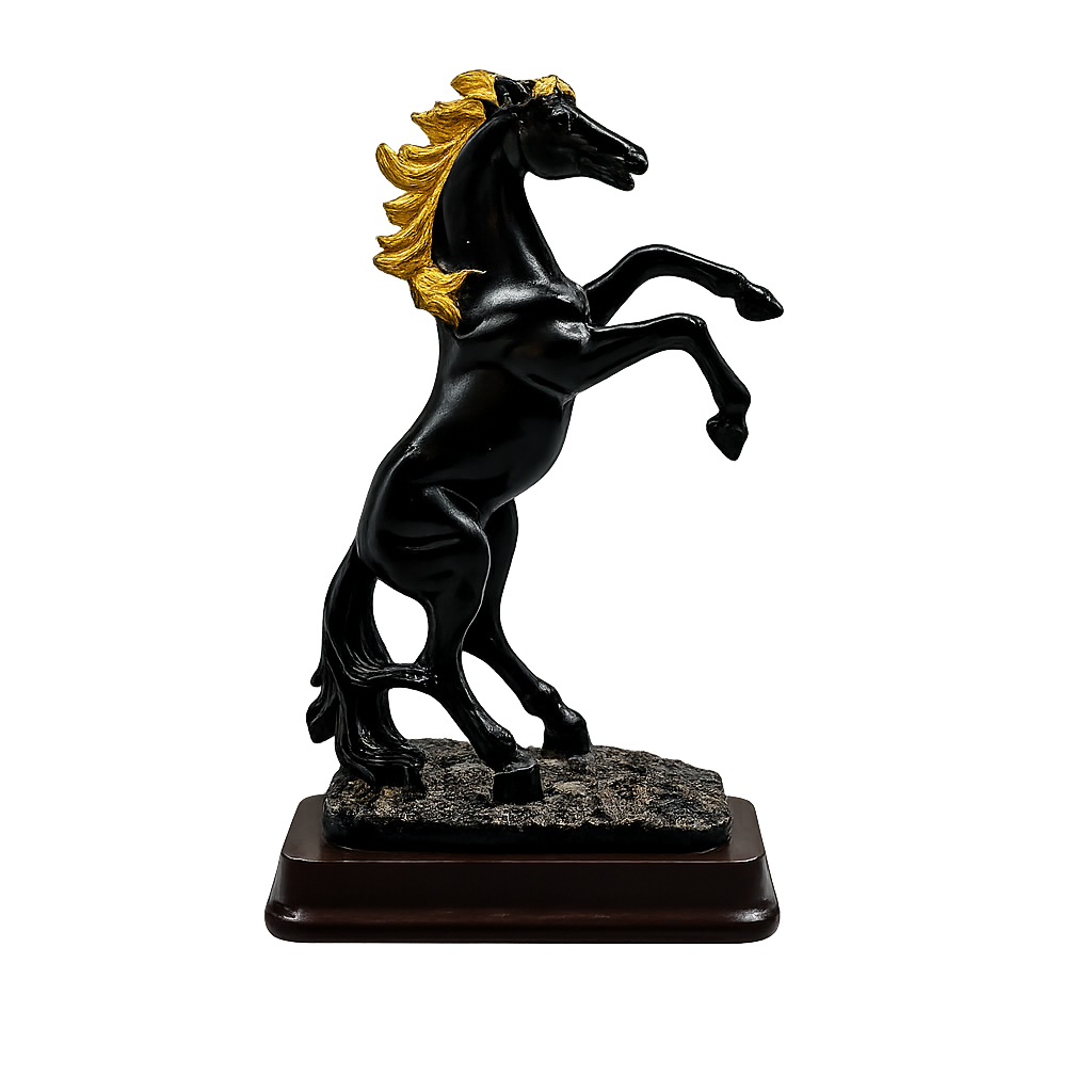 Fiber Horse "Majestic Elegance" Rearing Horse Statue – Premium Black & Gold Resin Art Figurine With Wooden Base