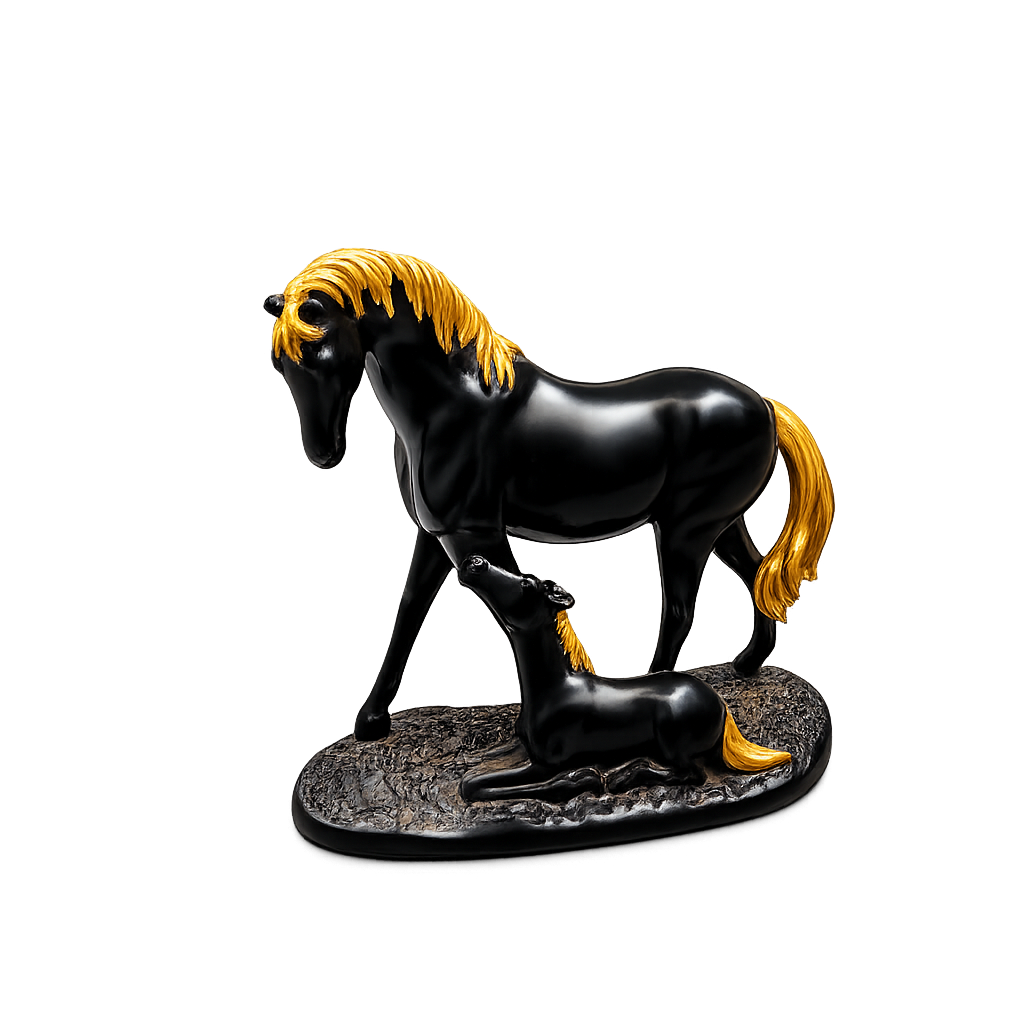 Fiber Horse Luxury Matte Black & Gold Mare With Foal Statue – Premium Resin Mother & Baby Horse Sculpture For Home & Office Decor
