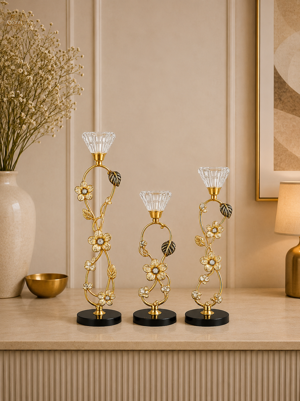 Luxury Gold Floral Crystal Taper Candle Holder Set – Decorative Metal Candle Stand (Set of 3)