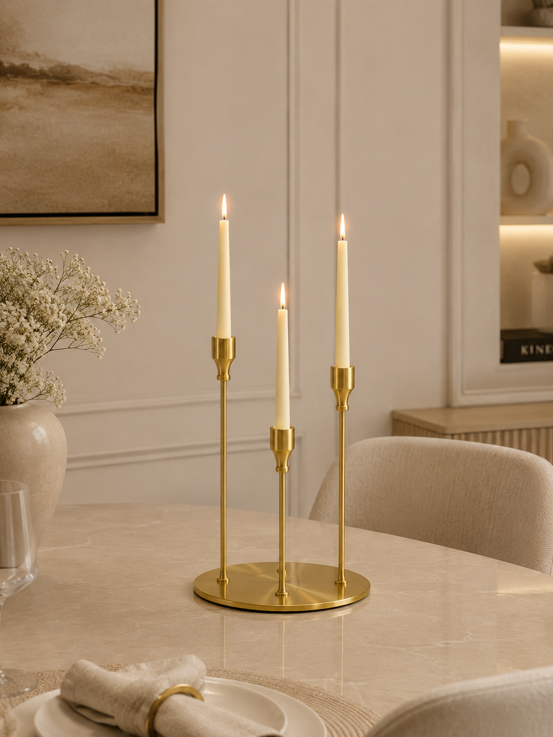 Luxury Gold Metal 3-Arm Taper Candle Holder – Modern Centerpiece for Dining Table & Home Décor
