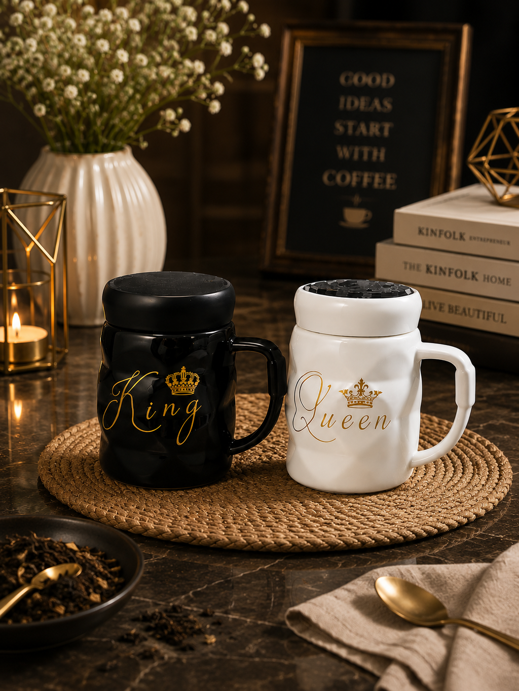 King & Queen Ceramic Couple Coffee Mugs Set – Textured Ceramic Tea Cups with Lids