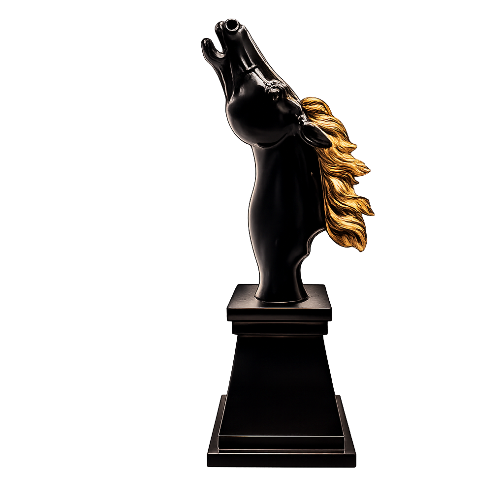 Fiber Horse "Triumphant Echo" Neighing Horse Bust Statue – Executive Black & Gold Resin Head Sculpture With Luxury Pedestal Pillar Base