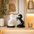 Fiber Horse "Dual Harmony" Rearing Horse Pair Statue – Premium White & Black Luxury Resin Sculptures With Meticulous Double Wooden Bases