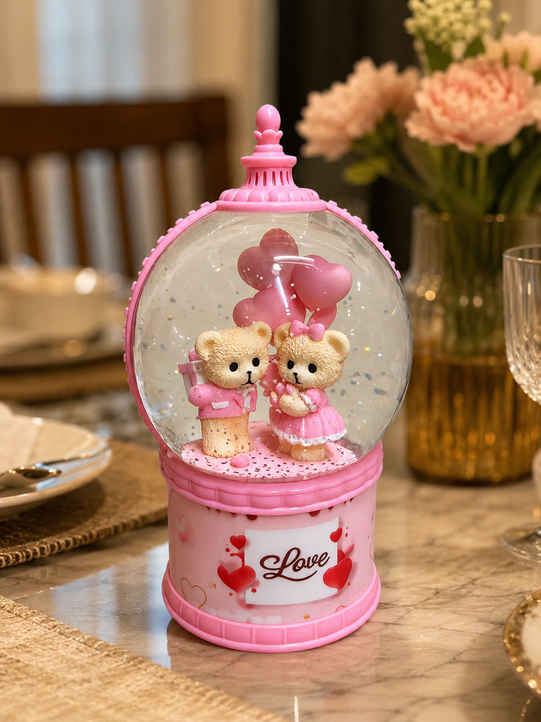 Romantic Teddy Bear Couple Snow Globe – Sweet 'Love' Musical Glass Dome Table Decor