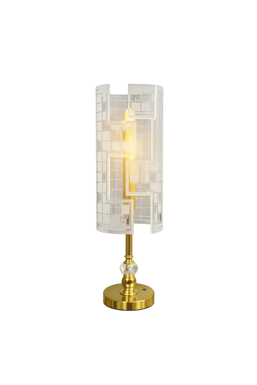 Modern Gold Geometric Grid Cylinder Table Lamp