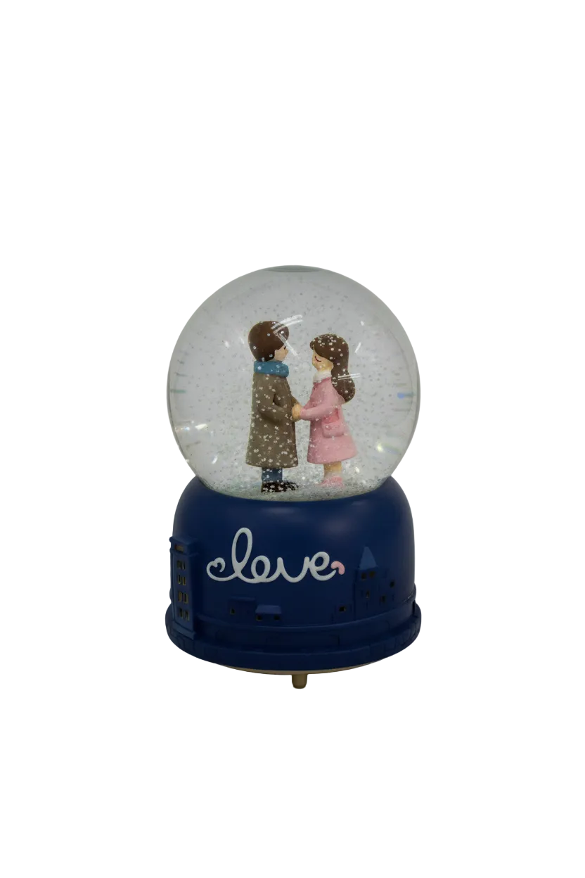 Romantic Winter Couple Snow Globe – Vintage 'Love' Deep Blue Music Box