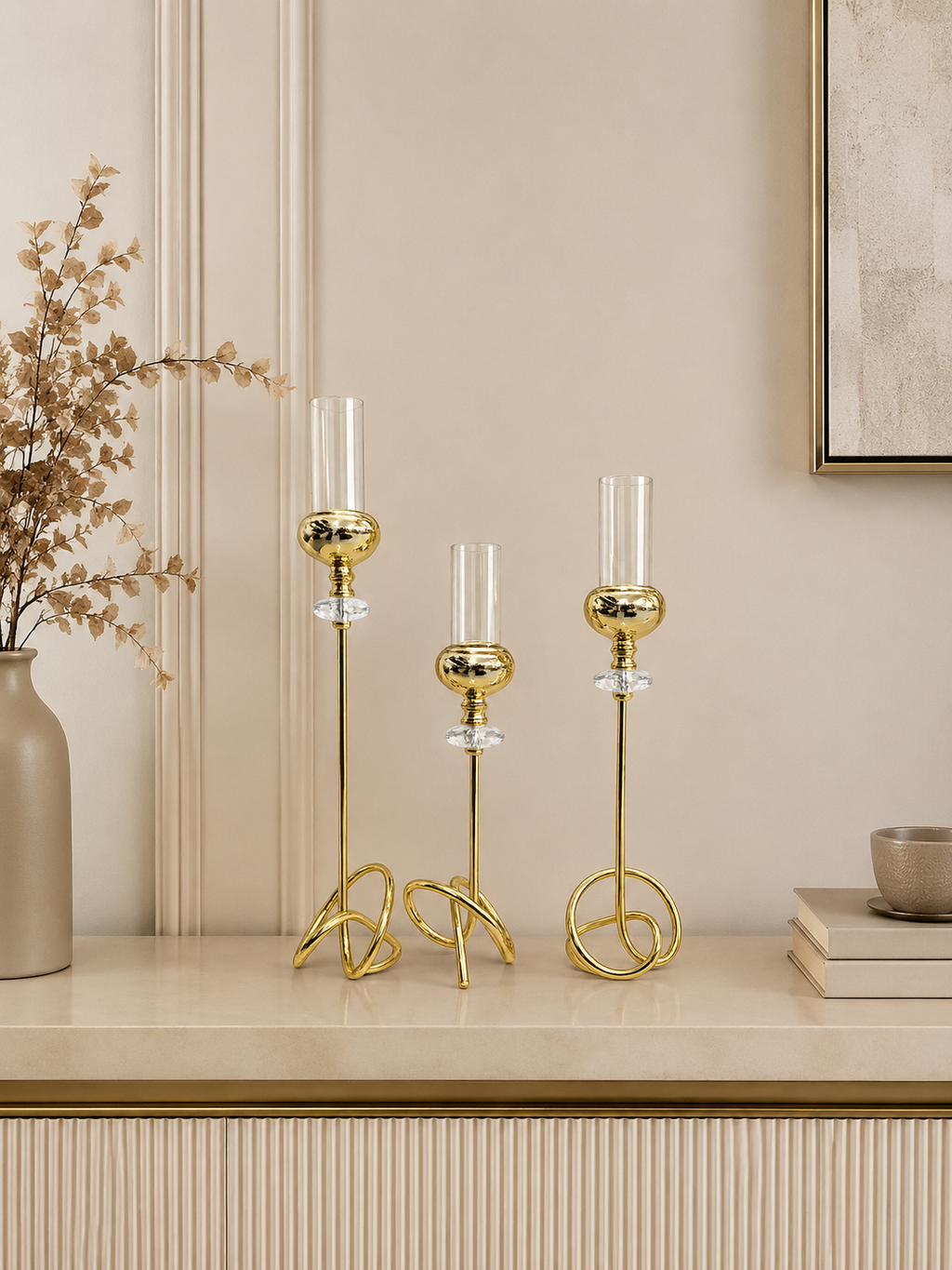 Modern Gold Metal Candle Holder Set with Glass Hurricane Sleeves (Set of 3)