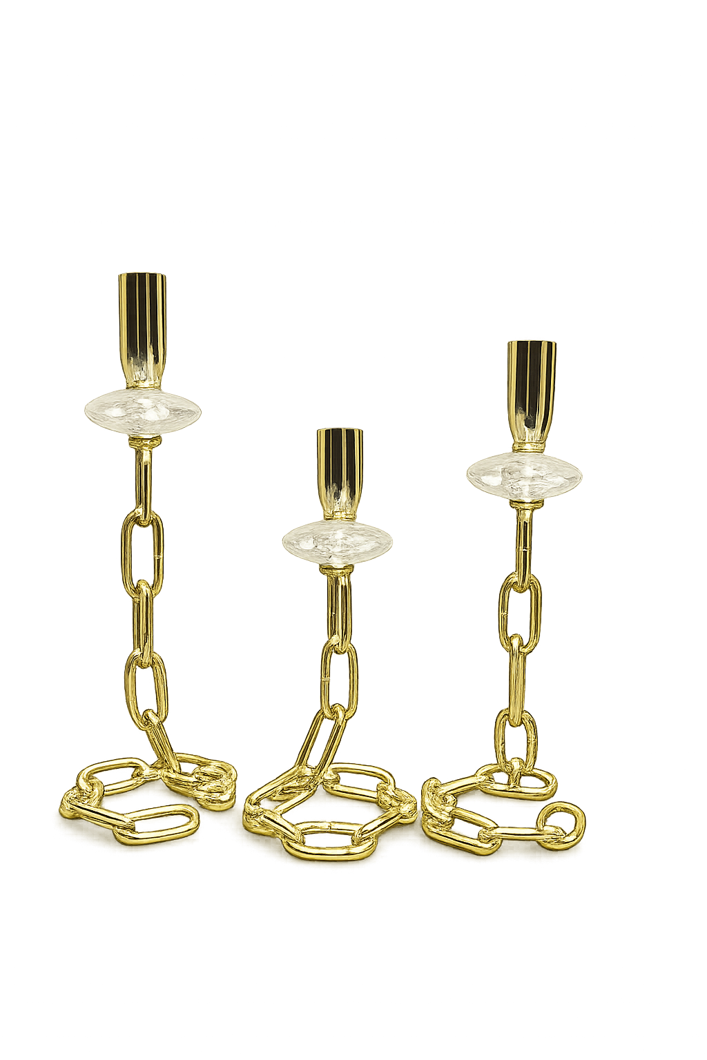 Luxury Gold Chain-Link Taper Candle Holder Set of 3 – Modern Decorative Metal Candlestick Stand