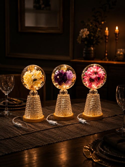 Enchanted Floral Acrylic Globe Lamp – Luxury Textured Wood Base LED Night Light