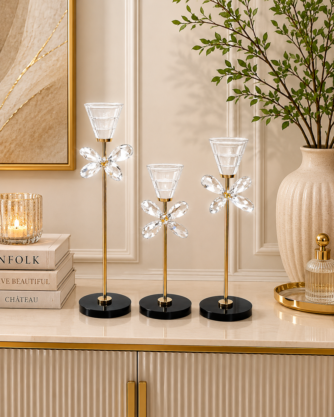 Luxury Crystal Flower Candle Holder Set (3 Pieces) | Gold Decorative Taper Candle Stands