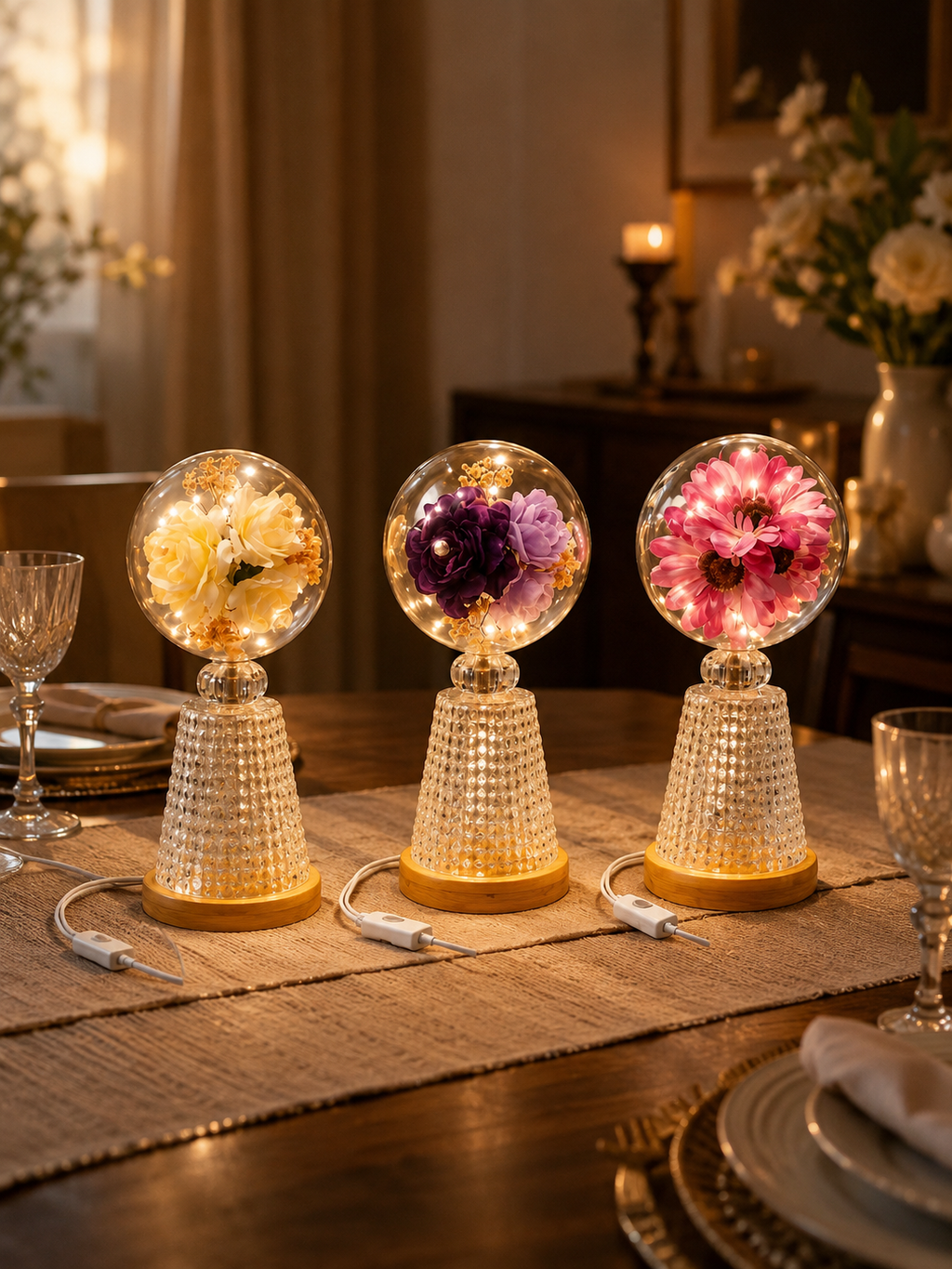 Enchanted Floral Acrylic Globe Lamp – Luxury Textured Wood Base LED Night Light