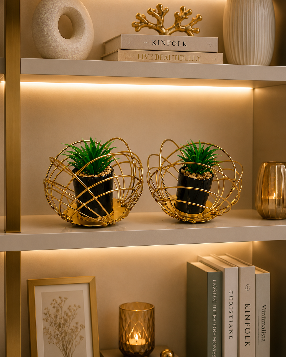 Luxury Gold Geometric Metal Planter Set with Artificial Plant – Modern Decorative Tabletop Flower Pot (Set of 2)