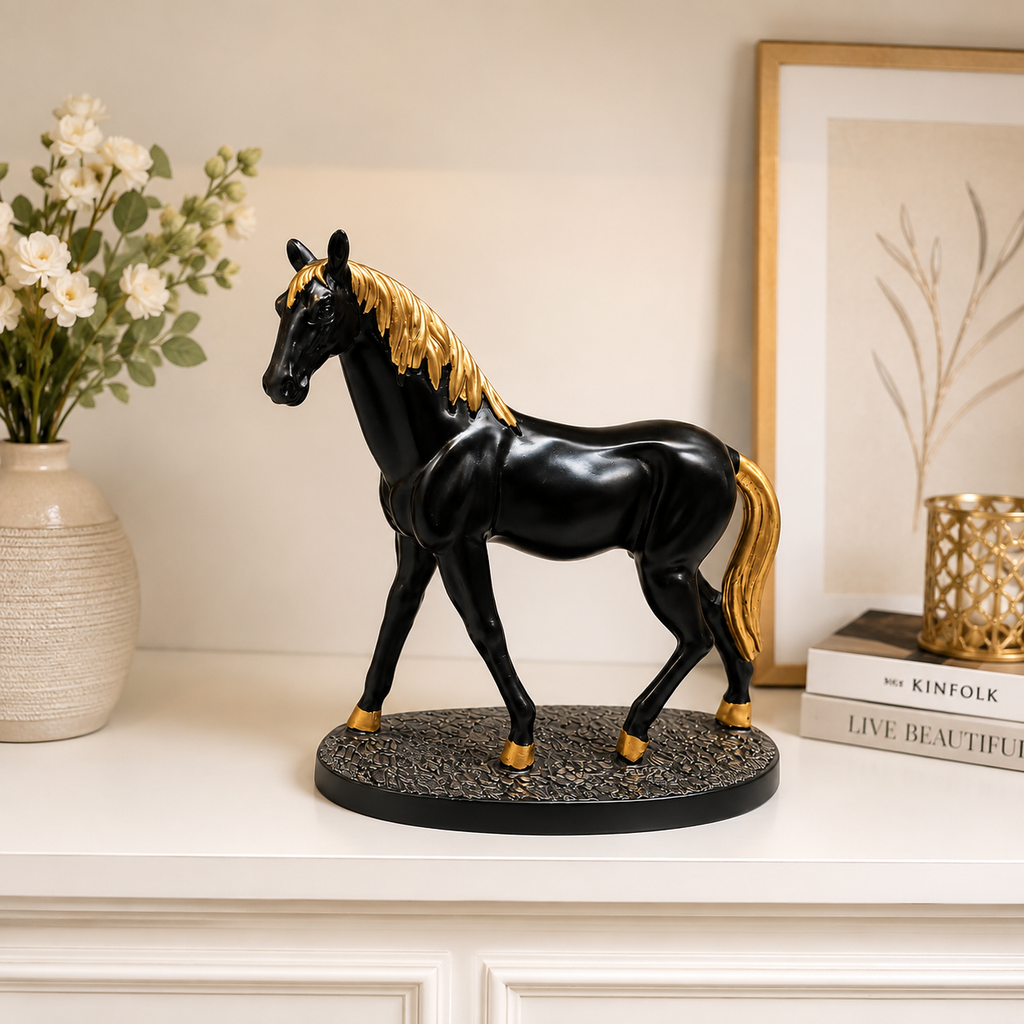 Fiber Horse Royal Walking Horse Statue – 5-Inch Premium Black & Gold Resin Art Piece For Elegant Home Decor, Office Desk & Luxury Gifting