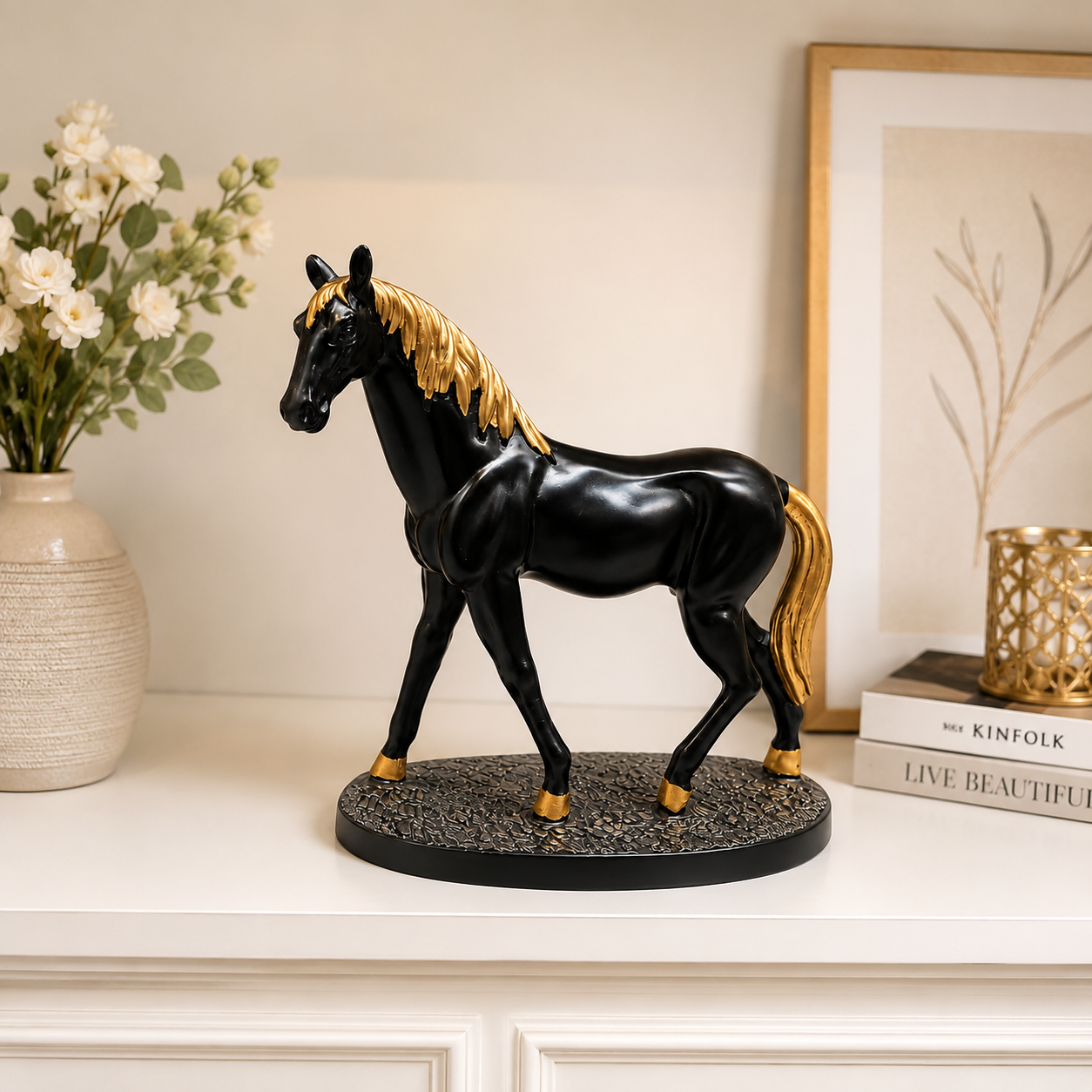 Fiber Horse Royal Walking Horse Statue – 5-Inch Premium Black & Gold Resin Art Piece For Elegant Home Decor, Office Desk & Luxury Gifting