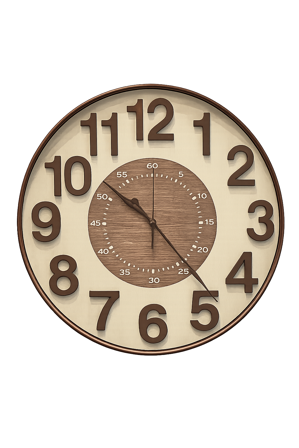 Modern Vintage Large Round Wall Clock – Wooden Center & 3D Arabic Numerals | Silent Luxury Home Décor