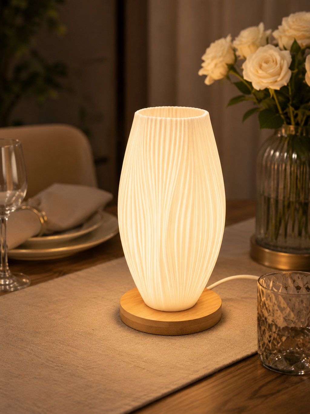Minimalist Wavy Fiber+Wood Base Table Lamp – Modern Translucent LED Night Light