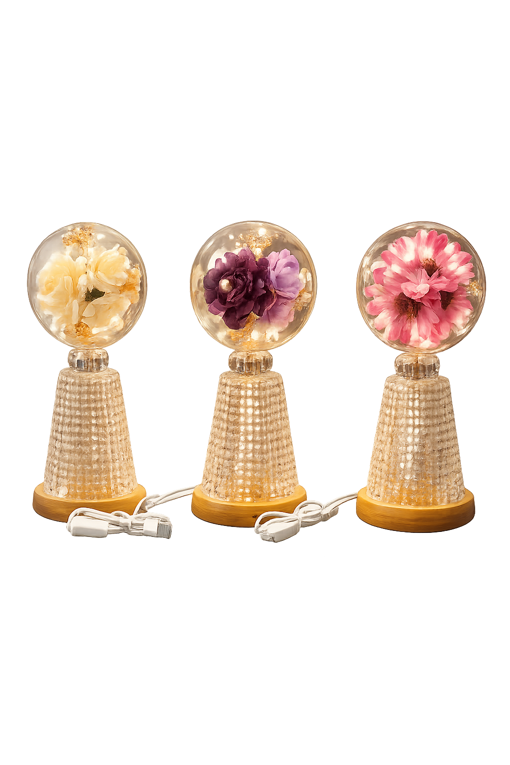 Enchanted Floral Acrylic Globe Lamp – Luxury Textured Wood Base LED Night Light